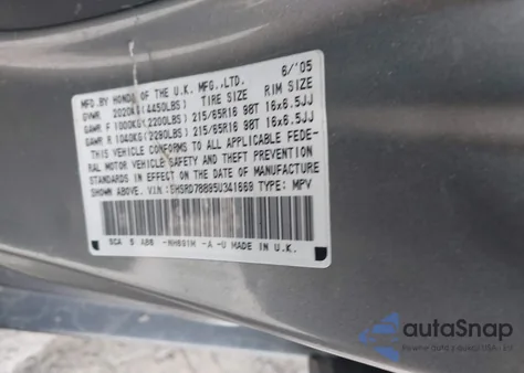 2005 Honda Cr-V Ex z USA, uszkodzony, nr VIN SHSRD78895U341669